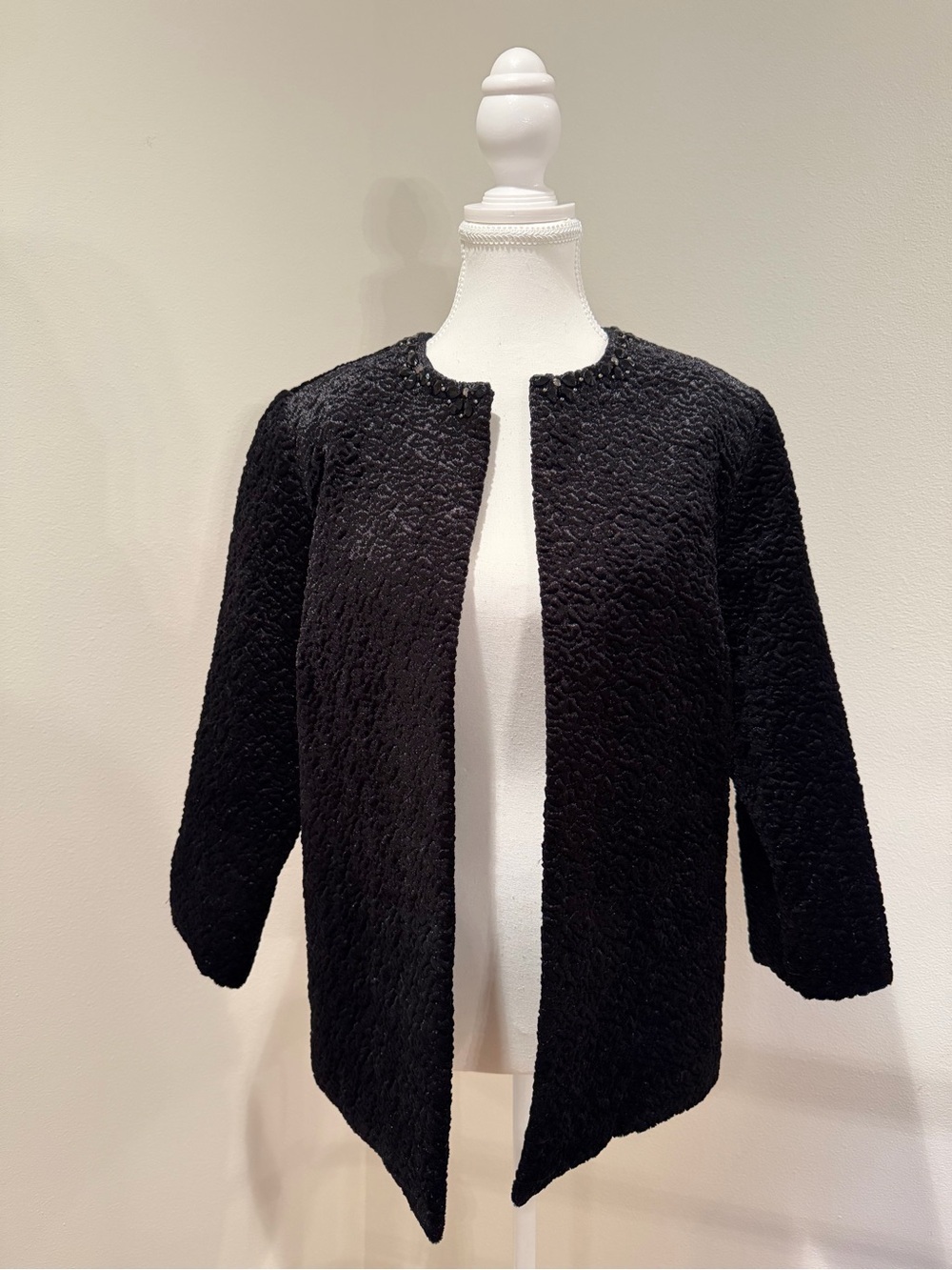 Alfred Dunner Black Velvet Textured Open-Front Jacket w Floral Rhinestone Collar